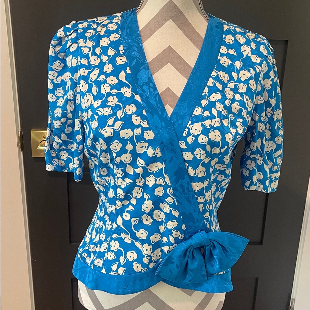 David Warren Vintage Wrap Turquoise Silk Bow Blouse Size 6